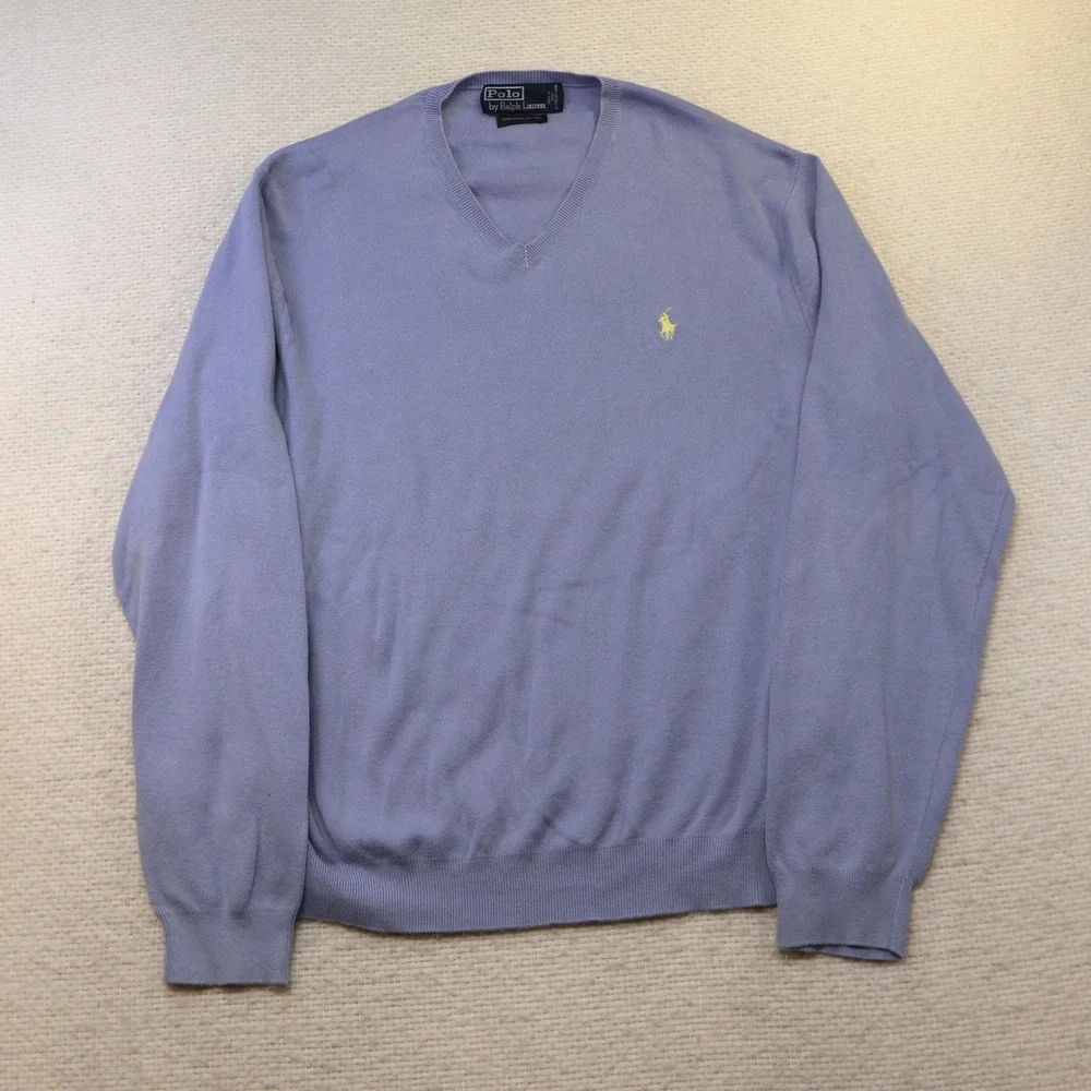 Polo Ralph Lauren Mens L V-Neck Sweater Periwinkle Blue Pima Cotton Italian Yarn